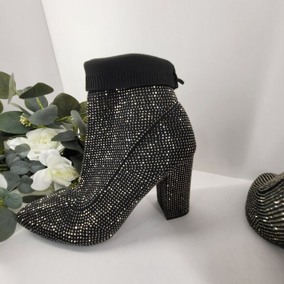 12 Thompson Shoes - Black & Gold Rhinestone Sock Boots - Womens High Heel Stretch Ankle Boots 8.5 M